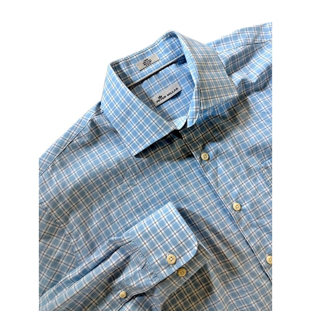 Peter Millar Mens Large Blue Plaid Stretch Button Down Shirt Long Sleeve Classic